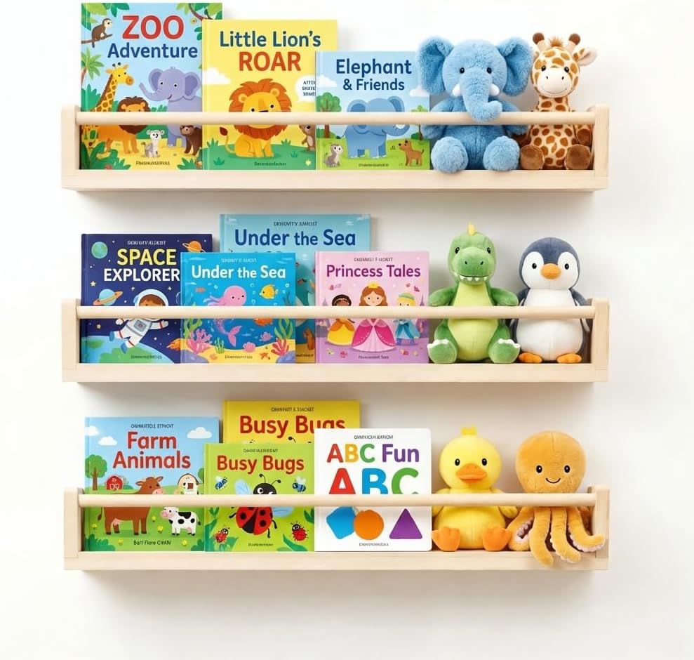 Set of 3 Kids Floating Bookshelves Natural – 24 Inch Wall Mounted Nursery Book Shelves with Safety Rail – Ideal Storage & Display Shelf for Nursery, Bedroom, and Playroom