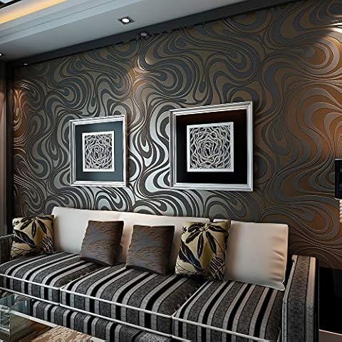 HANMERO Modern Luxury Abstract Curve 3D Wallpaper Roll Mural Papel De Parede Flocking for Striped Black&Brown Color Wallpaper 0.7m*8.4m=5.88㎡ Cover