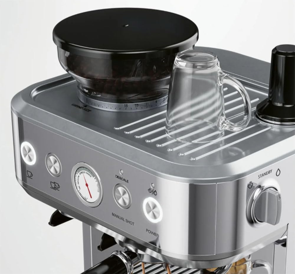 Close-up of the espresso machine's control panel and bean hopper.