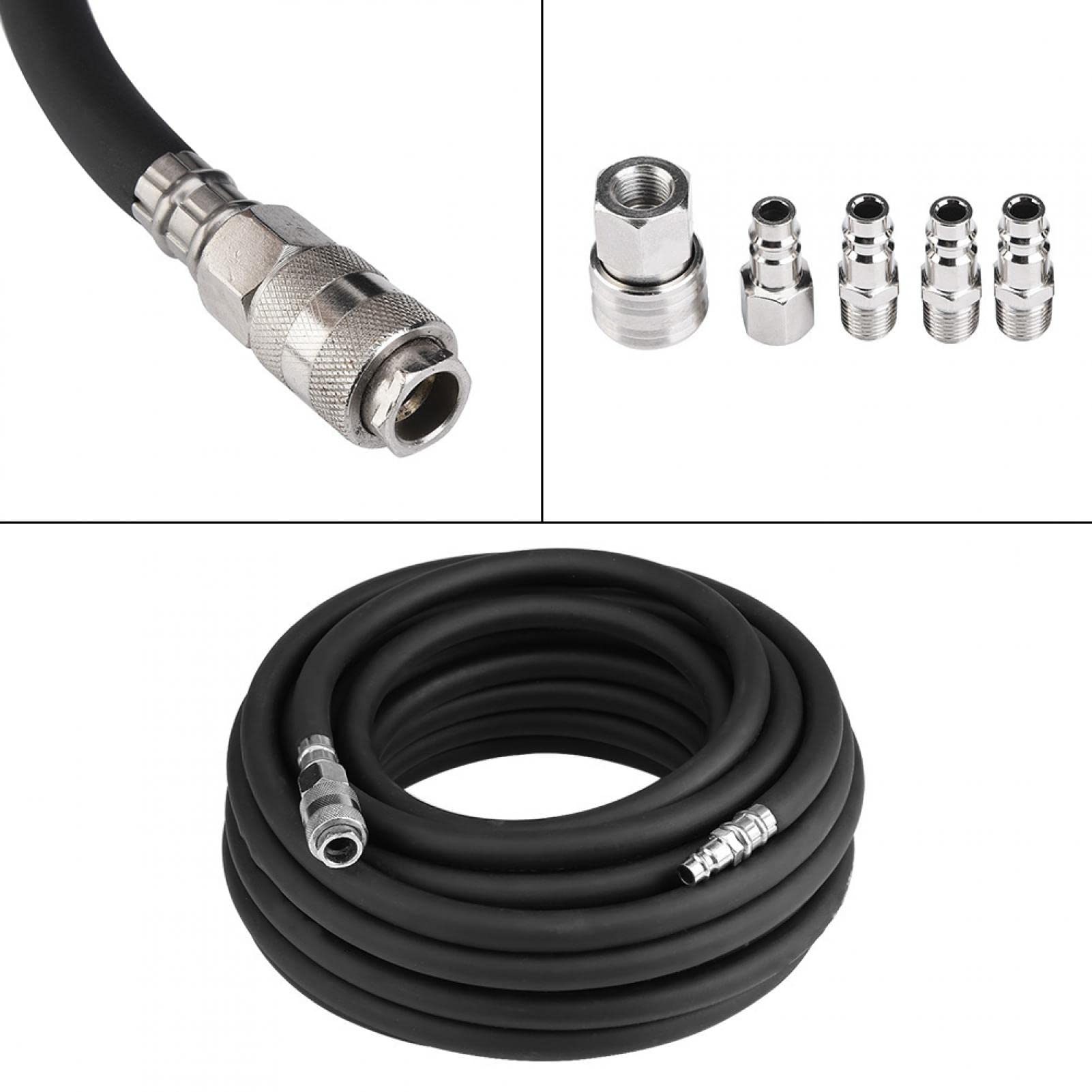 Kit de manguera de aire neumática, 15M 900 PSI Manguera de aire neumática de goma flexible con kit de accesorios de compresor de 5 piezas Herramienta Conector rápido europeo de 1/4 "