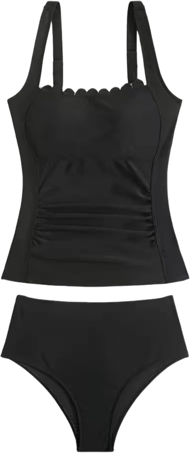 Women's Tummy Control Scalloped Neck Ruched Tankini Swimsuit Black Bathing Suit Two Piece Swimwear for Beach Pool