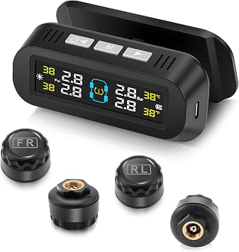 Tire Pressure Monitoring System TPMS for RV & Travel TrailersIPX7 Waterproof VR Display, Solar/USB Charging, 4 External Sensors, Real-Time Pressure & Temperature Alerts