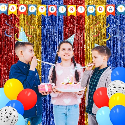 41Pcs Paw Birthday Decorations Streamers Balloons Paw Party Decorations 3.3x6.6ft Red Gold Blue Foil Fringe Curtains Dog Birthday Party Supplies Photo Booth Props Backdrop - Thumbnail 6