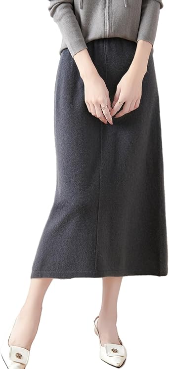Mid Length Skirt Women Fall Winter 100% Merino Wool Knit Long Skirt Ribbed Elastic Solid Casual Warm Skirt