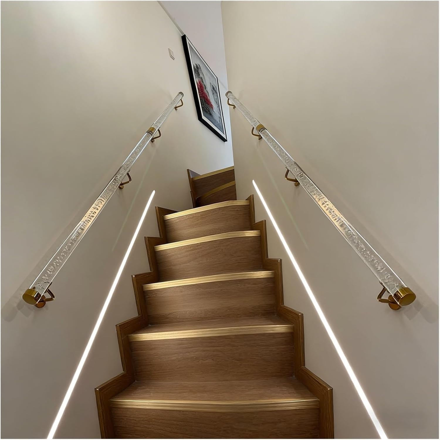 Handrail Stairs Clear Acrylic Handrail for Stairs, 3ft/4ft/5ft/6ft/10ft/12ft/14ft/20ft，Wall Mount Home Staircase Hand Rail with Stainless Steel Brackets(Gold,520cm(17ft))