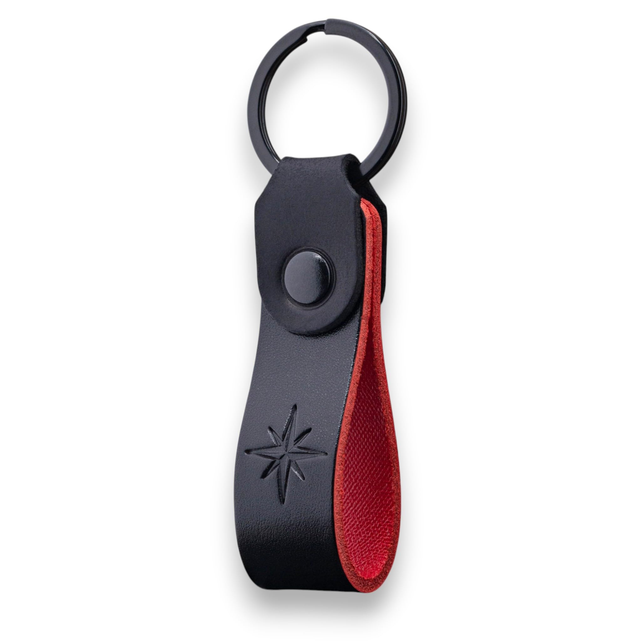 MAGOR Compact Leather Keyring for Men & Women, Personalised Black Full Grain Leather Keychain with Red Interior and Crazy Horse Leather Accent,Hot Embossed Design,Gift for Him Her Mum Dad (Compass)