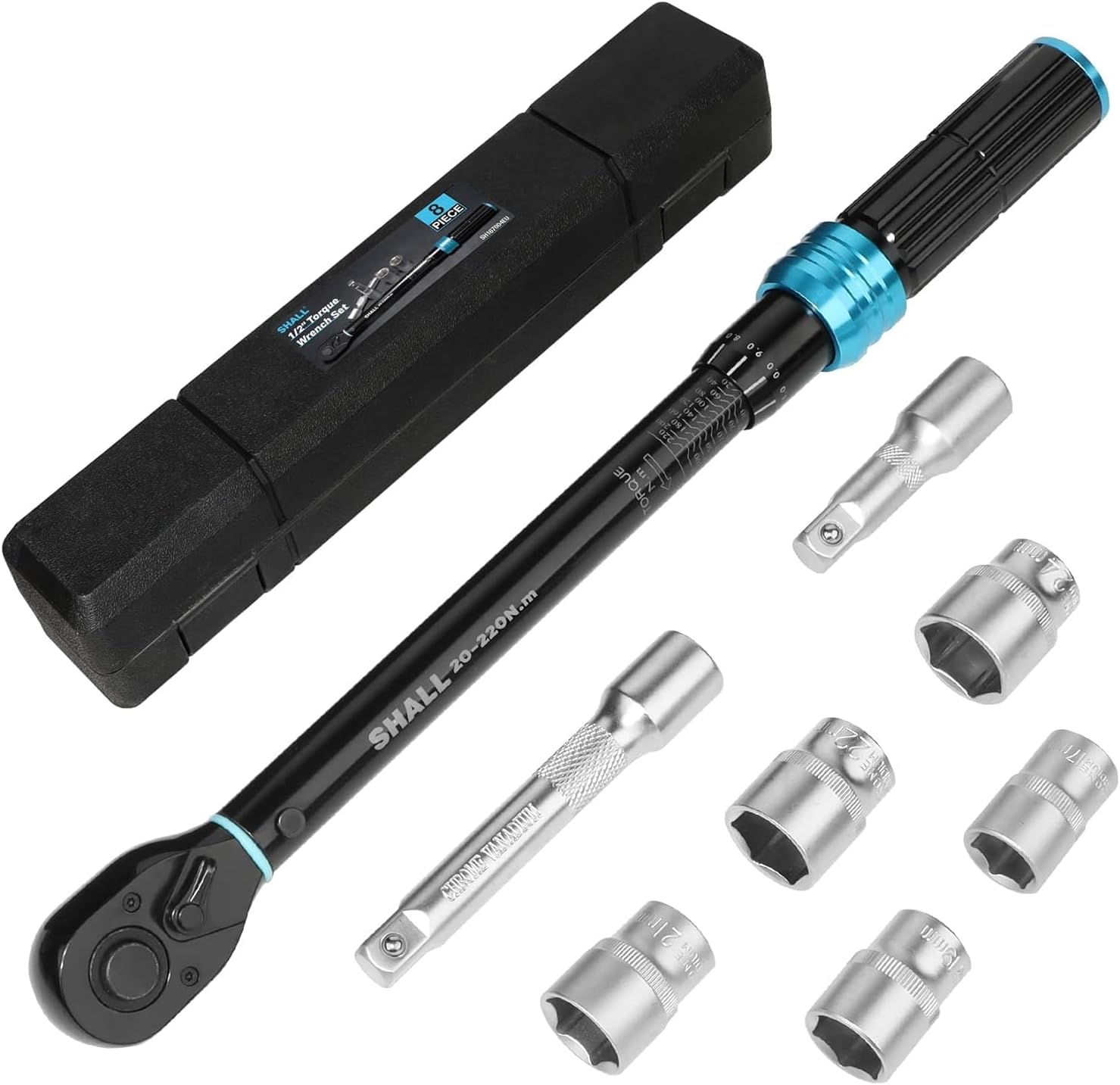 Shall 7-Piece 1/2" Torque Wrench Set, (20-220Nm) Dual Direction Adjustable 72 Tooth for Suitable for car and Motorcycle Maintenance,with Extension Pole and Storage Box
