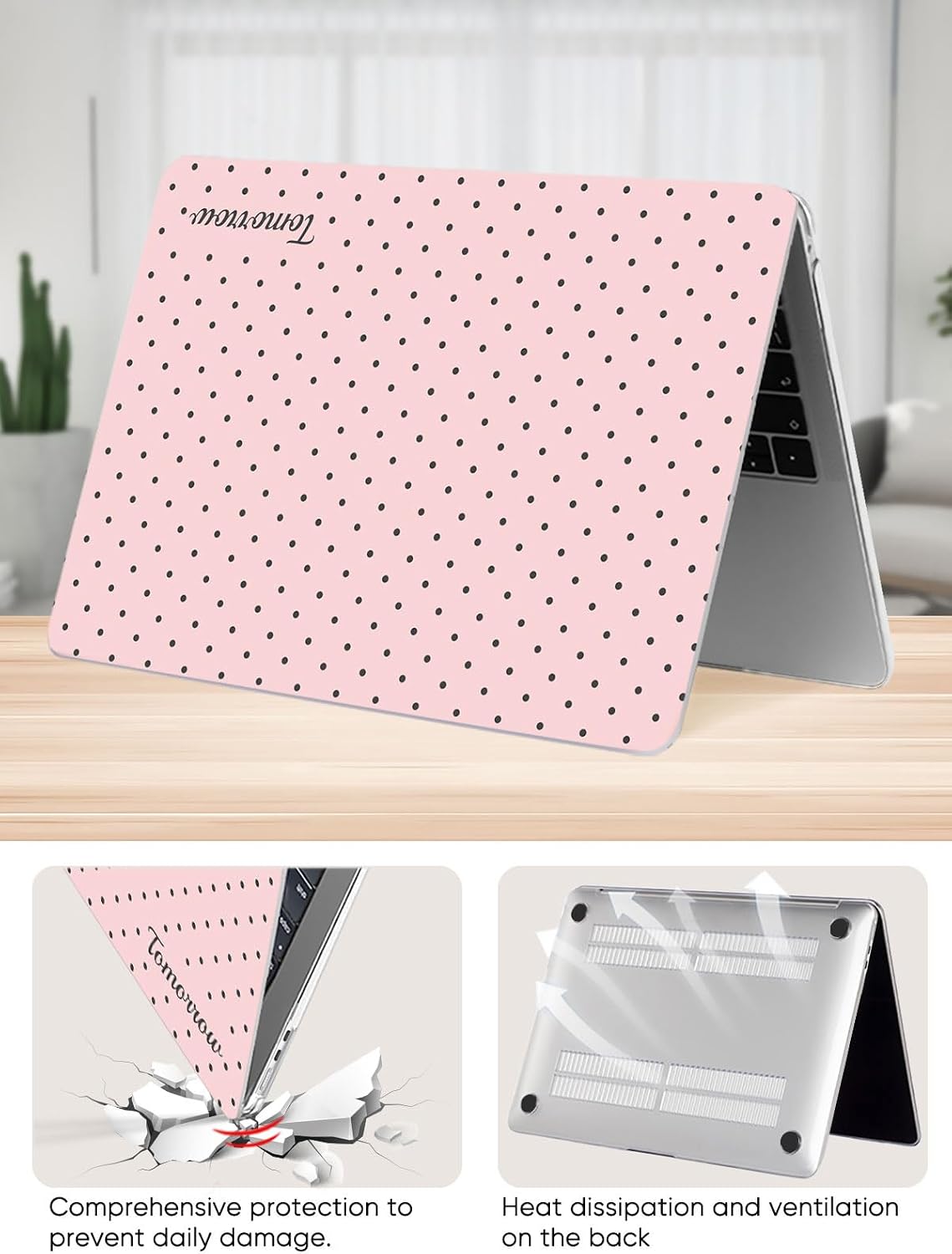 Seorsok Compatible with New MacBook Air 13.6 inch Case M4 M3 M2 2025 2024-2022 Release A3240 A2681 A3113 Touch ID,Premium Cream Textured Black Polka Dot Plastic Hard Shell Case&Keyboard Cover,Pink
