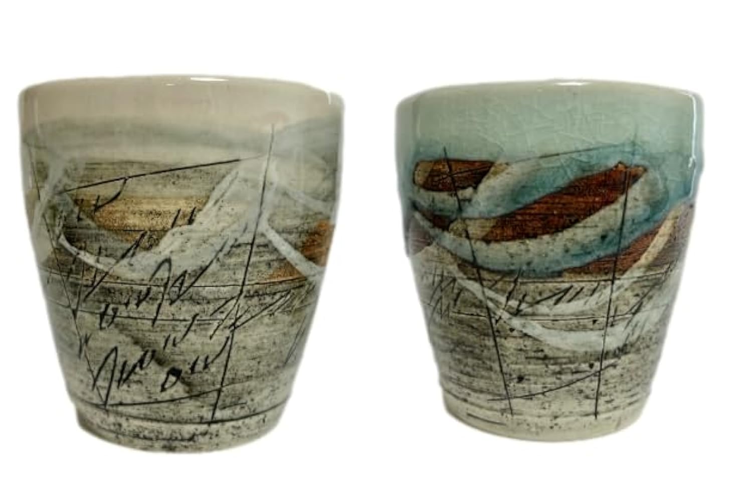 j-pure hitomi Hand-made Japanese Ceramic Yunomi Tea cups Set, Versatile Cups Engraved with Lines Pattern Blue and White for Hot Green Tea, Sake, Set of 2 from Japan M58456