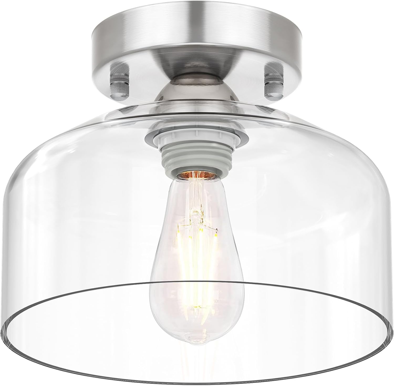 Semi Flush Mount Ceiling Light Silver, Clear Glass Pendant Lamp Shade, Modern Farmhouse Light Fixture for Hallway Corridor Kitchen Entryway Bedroom, Bulb Not Included