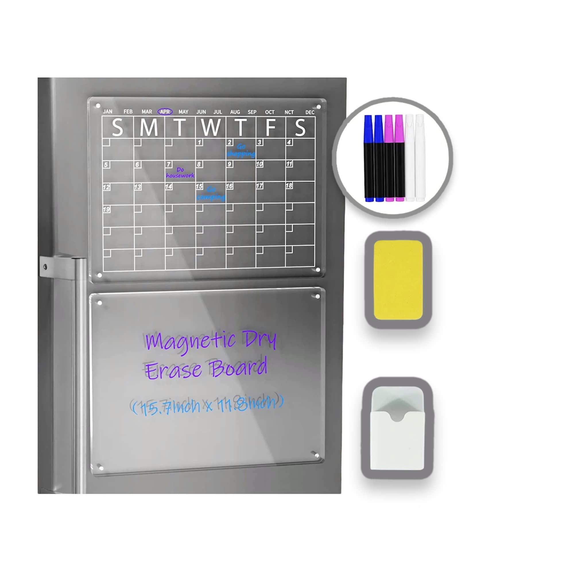 Artan trading Magnetic Dry Erase fridge Calender and Note board (2pc set). Reusable. Large size, Strong magnets. 6 marker Pens and eraser included.