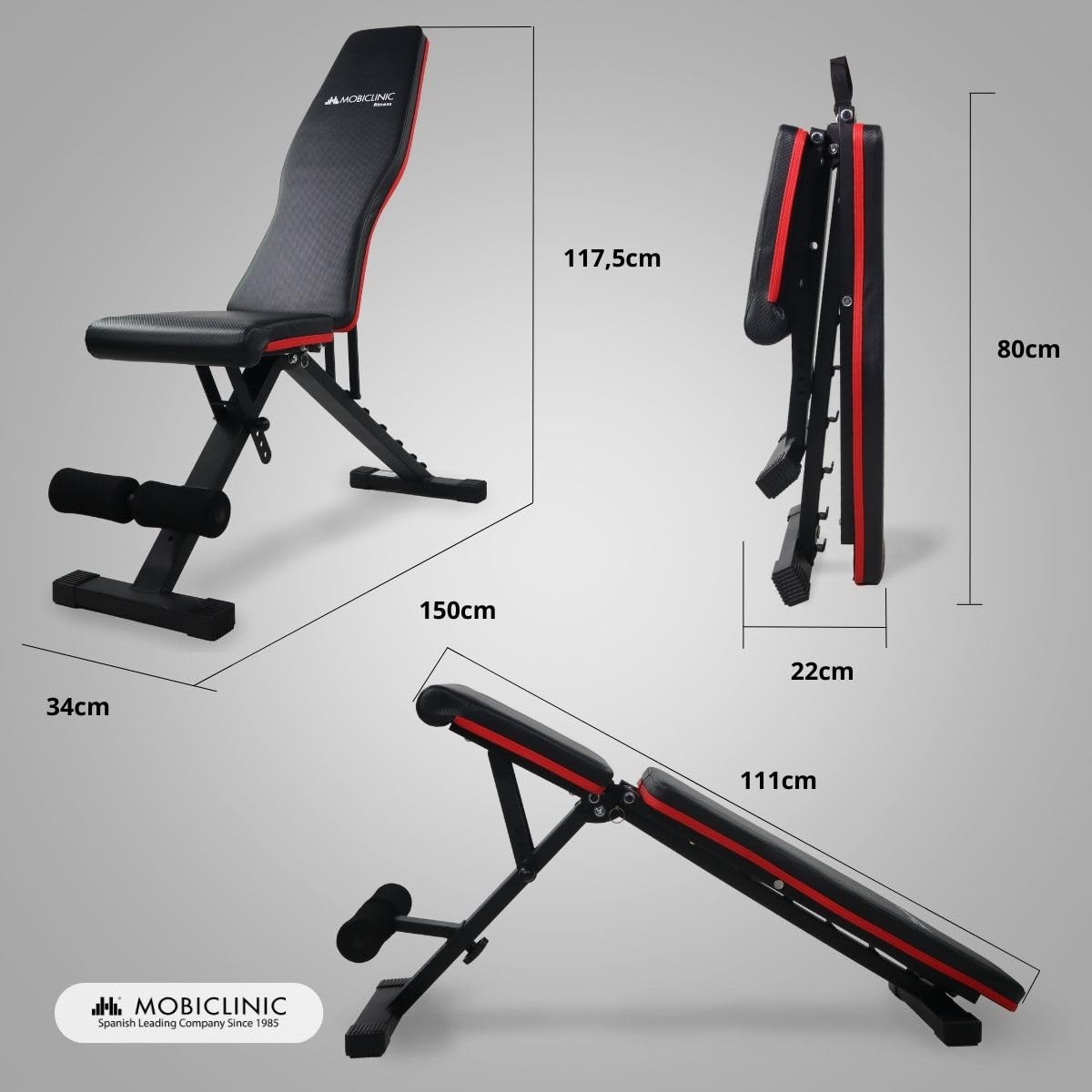Mobiclinic® fitness, Ławka treningowa, Składana, Udźwig 200 kg, Regulowane siedzisko i oparcie, Flexfit, Wielofunkcyjna, Trening całego ciał, Mocna stabilna, Domowa łownia