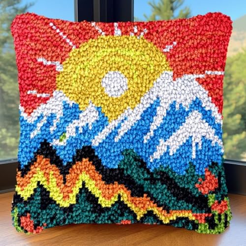 JUYIYUANFUZH Kit De Gancho De Pestillo De CojíN Kit Ganchillo Juego De Cojines De Anudado Sol Y MontañA Kits De Gancho De Pestillo Para Adultos 43 X 43 Cm