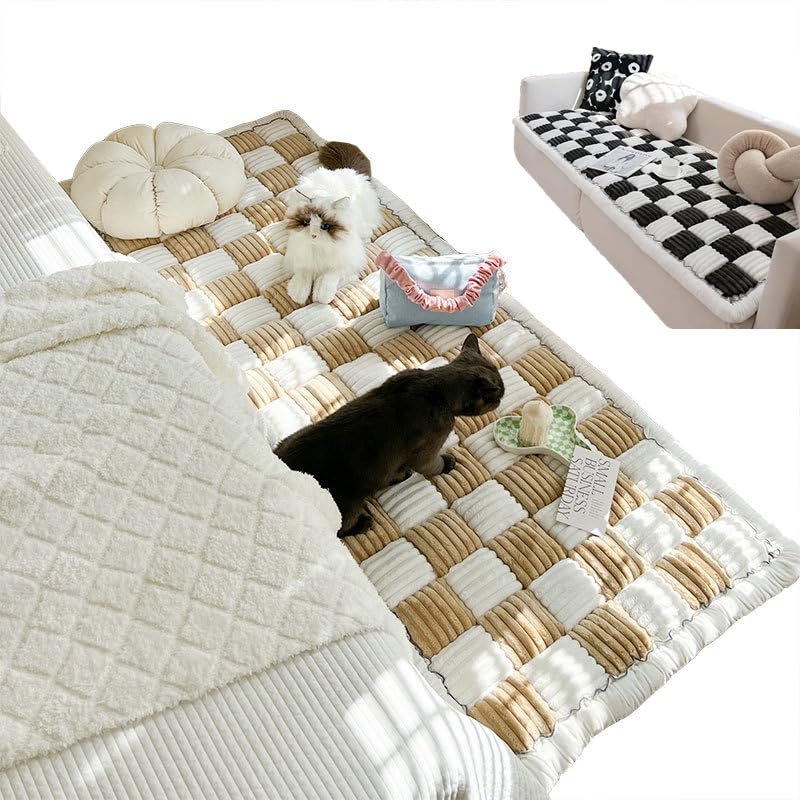 Funny Fuzzy Cream-Coloured Large Plaid Square Pet Mat Bed Couch Cover - Soft & Comfortable Dog Sofa Couch - Ideal for Pets & Home