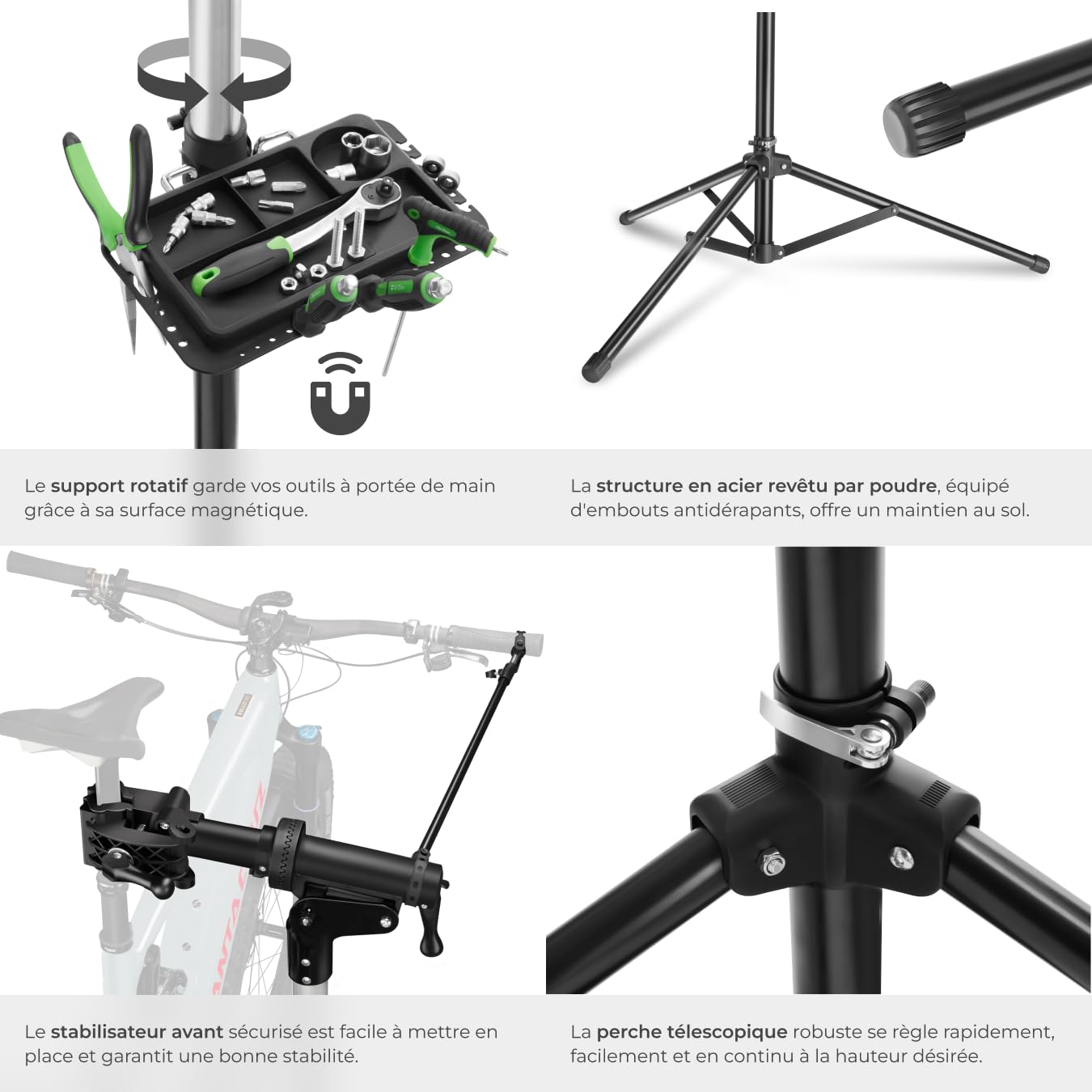 tectake® Support Velo Pieds d'atelier Charge 50 kg Support Vélo, Montage Entretien Reparation VTT Vélo electrique Velo de course Réglable Pliable - 138x120x117-180 cm