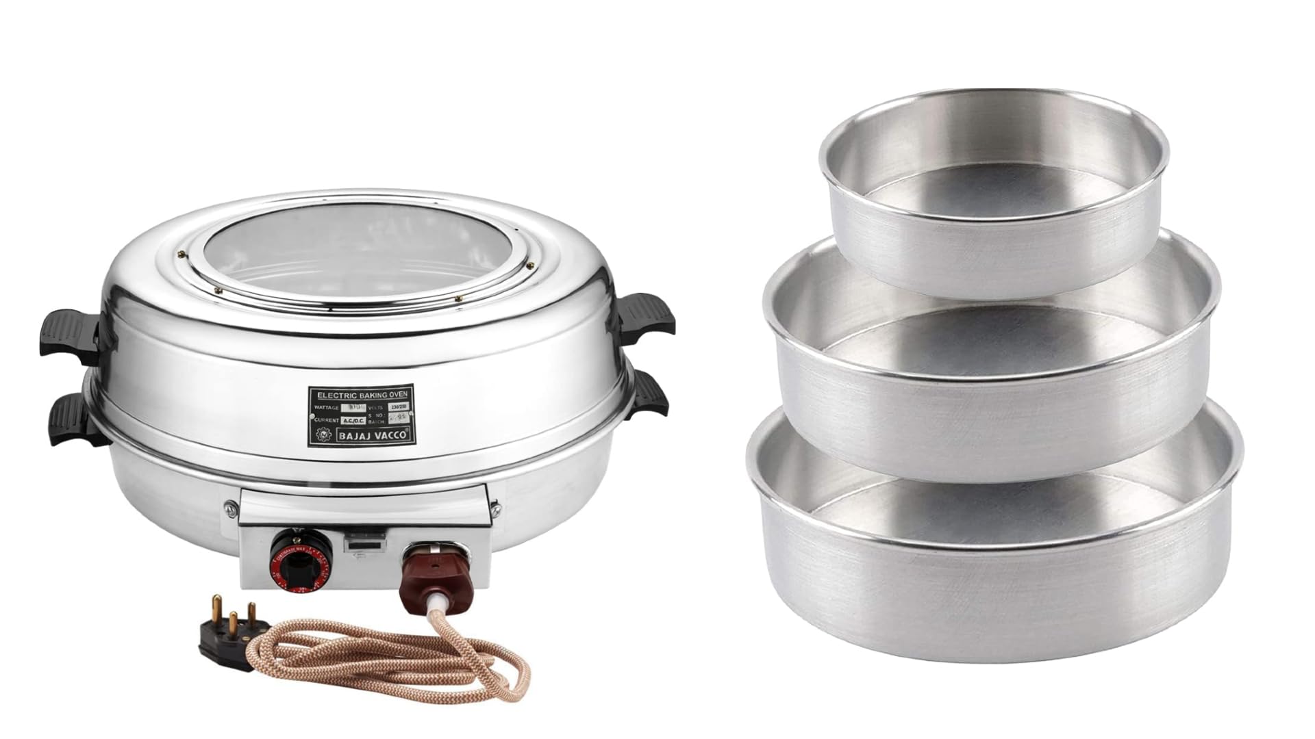 BAJAJ VACCO Round Baking Grilling Auto Oven Silver - 15 Inches, 1000 Watt | Combo With Cake Moulds For Baking and Grilling | (COM-01)