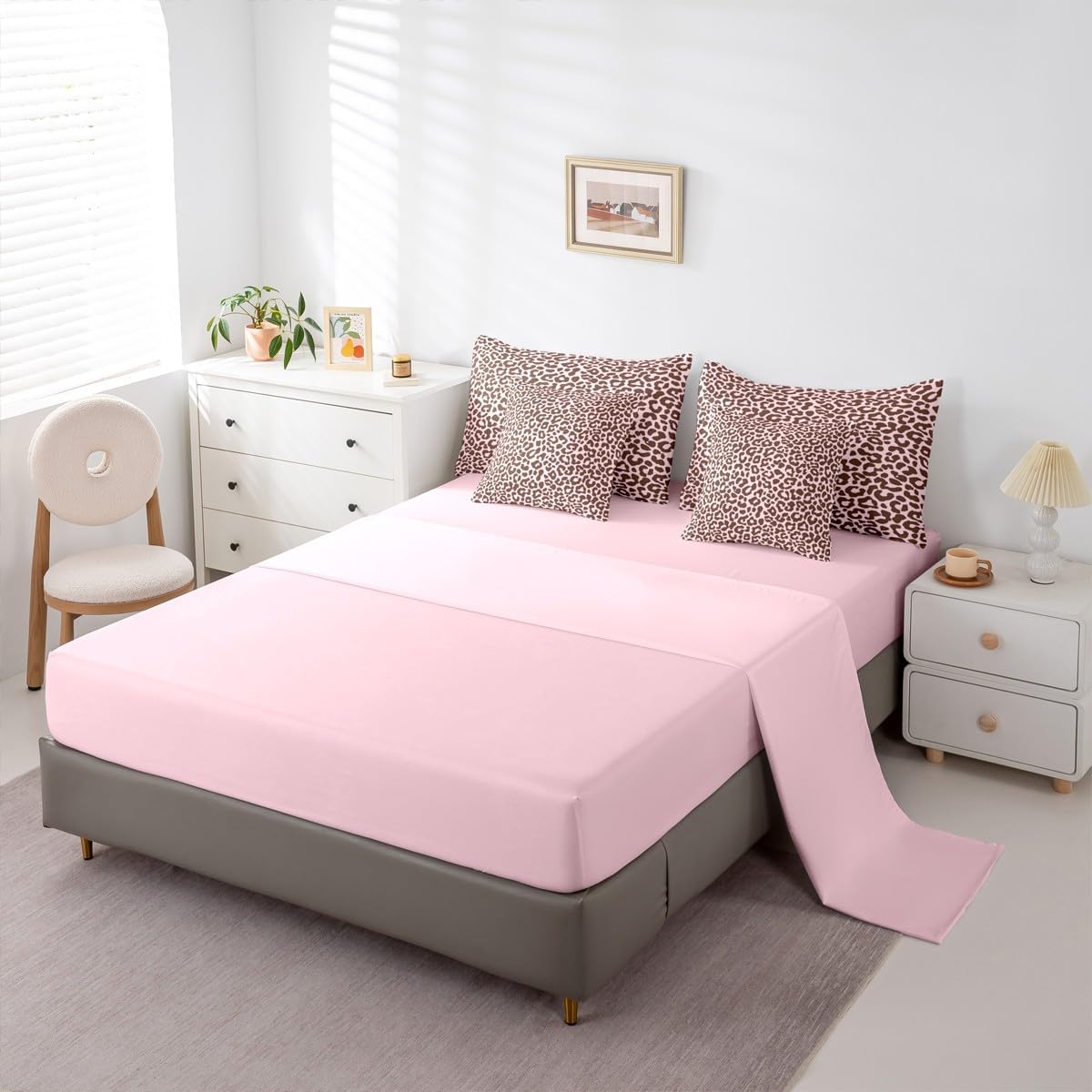 Feelyou Pink Leopard Print 7 Piece Bedding Set Cheetah Comforter Set with Sheets for Kids Boys Girls Animal Print Bed in a Bag Safari Bed Set Soft Lightweight