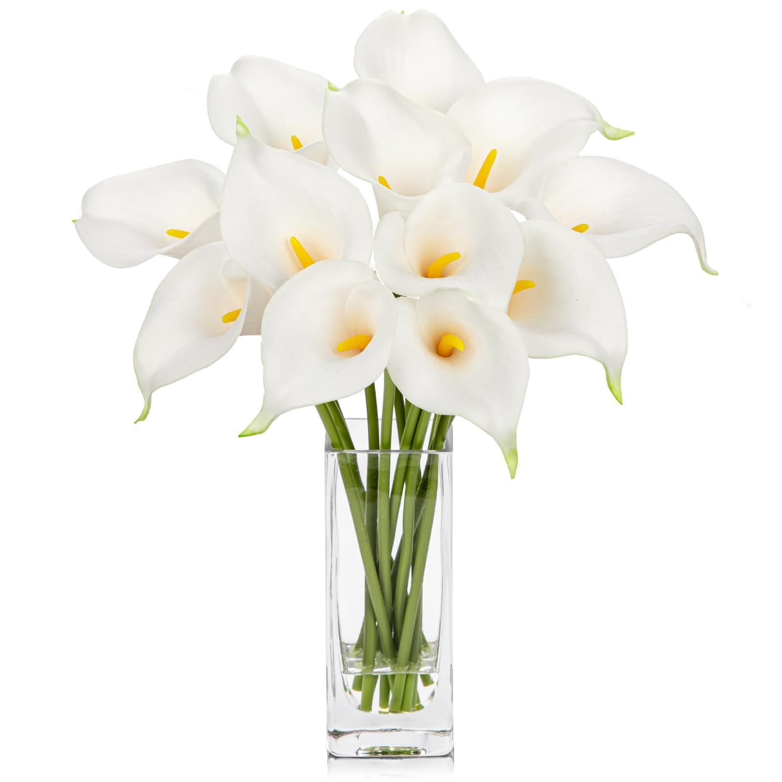 12 pcs Artificial Calla Lilies with Glass Vase Realistic Fake Flowers, Real Touch White Faux Flowers in Vase for Home, Living Room, Wedding, Centerpiece, Office, Party Decorations