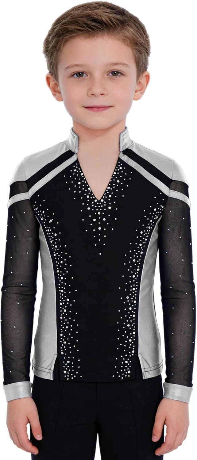 Kids Boys Long Sleeve Color Block Latin Jazz Dance Top Figure Ice Skating Shirt for Training Practice
