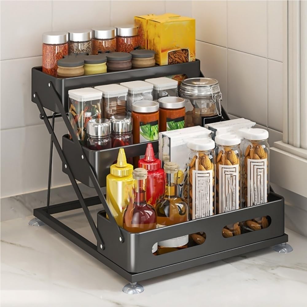 Goxyffmnv Condiment Storage Rack, Spice Rack with Adjustable Height, Metal Seasoning Rack, 3-layer Skin Care Product Rack, Countertop Rack for Kitchen, Bathroom, Living Room(Black)
