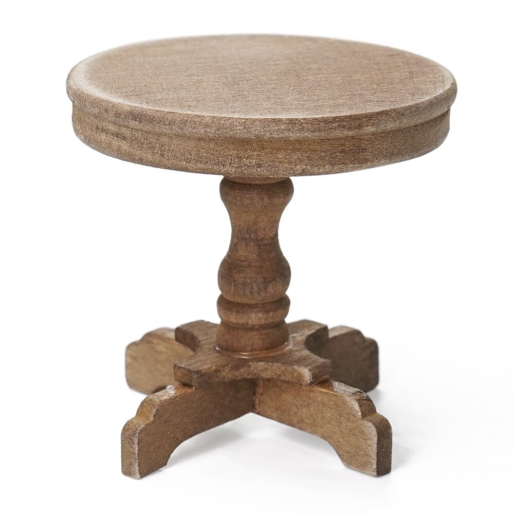 Odoria Dollhouse Side Table Miniature: 1/12 Scale End Table Round for Living Room Bedroom - Mini Rustic Wooden Furniture - Tiny Table with Pedestal