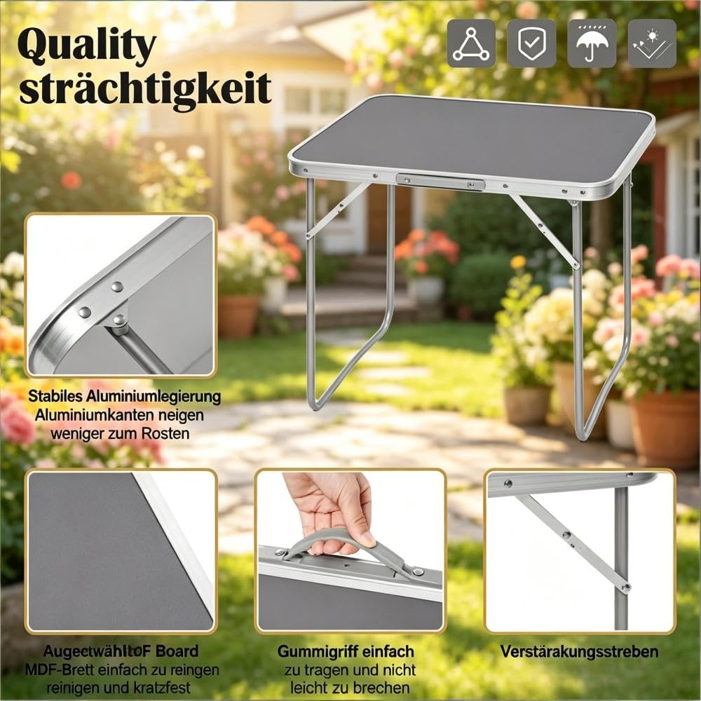 Klapptisch Campingtisch Picknicktisch, klappbare Eisenbeine, Tragegriff & rostfeste Aluminium-Schutzkanten (Grey)