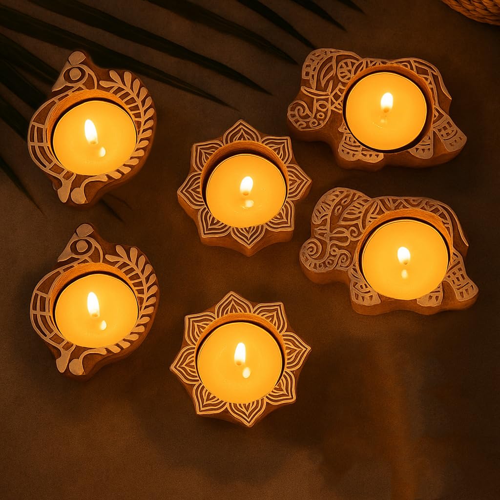 CraftVatika Wooden Tea Light Candle Holder Set of 6 for Diwali Christmas Home Decoration Item, Festive Decor, Diwali Decor Items, Wooden Elephant Peacock Mandala Shaped Block Stamp Printing Candles-image-41
