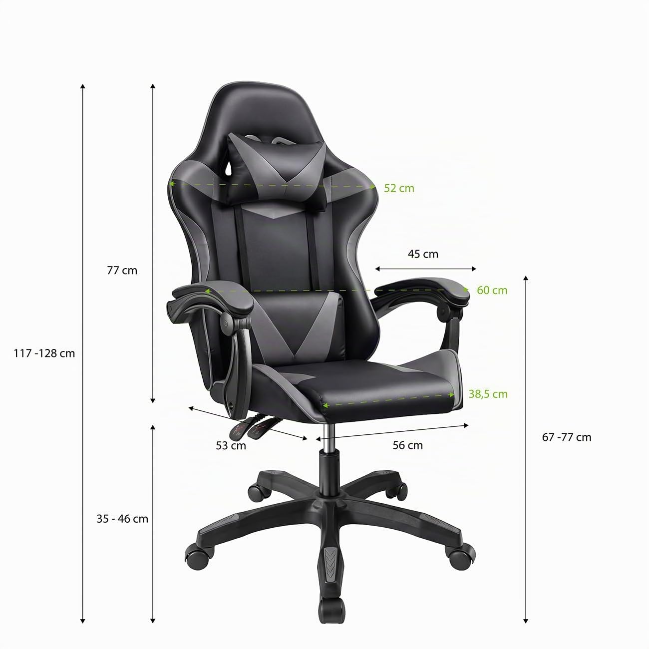 duehome | Silla Gaming Ergonómica Reclinable con Cojín Lumbar y Cervical, Ruedas 360°, Modelo Viper, Acabado en Negro y Gris, Medidas: 56 cm (Ancho) x 53 cm (Largo) x 117-128 cm (Alto)