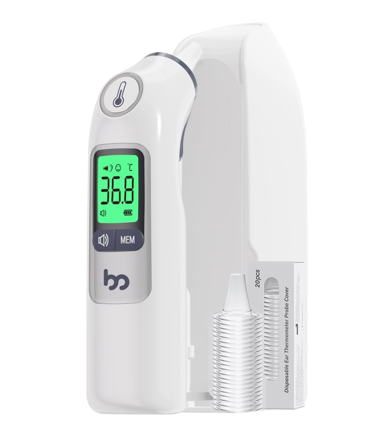Fieberthermometer Ohr für Erwachsene & Kinder, 1s Ergebnis Hochpräzise Ohrthermometer, 30 Speicher Abrufen, 3-Farben-Fieber-Alarm, mit 21 Einweg-Sonde Abdeckungen & Aufbewahrungsbox