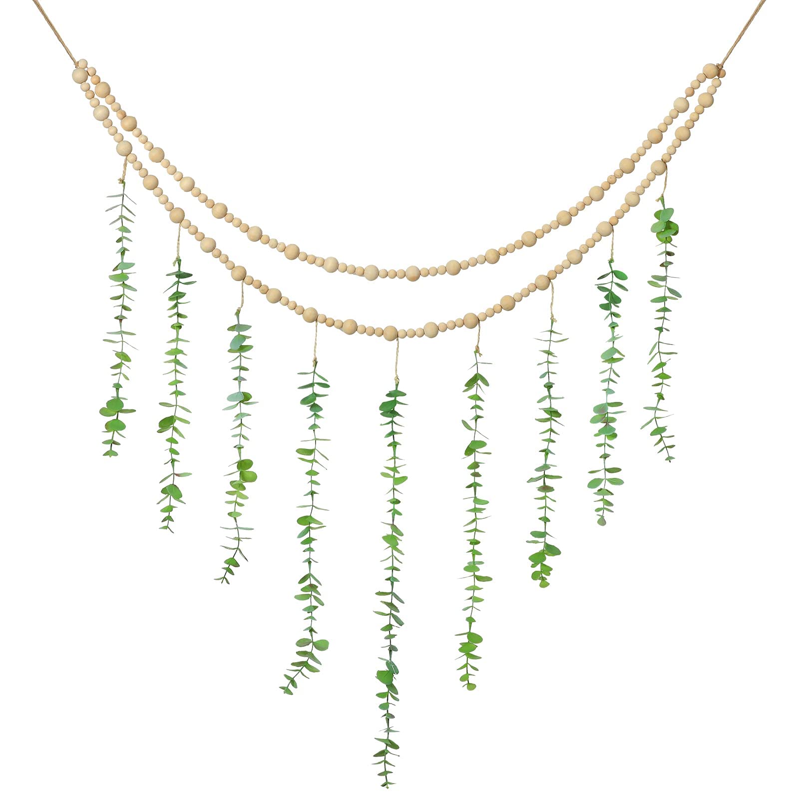 Excefore Wall Hanging Decor, Eucalyptus Boho Decor Bedroom Wall Hanging Wooden Bead Garland Artificial Eucalyptus Natural Greenery Decoration for Guest Bedroom Modern Bathroom Living Room