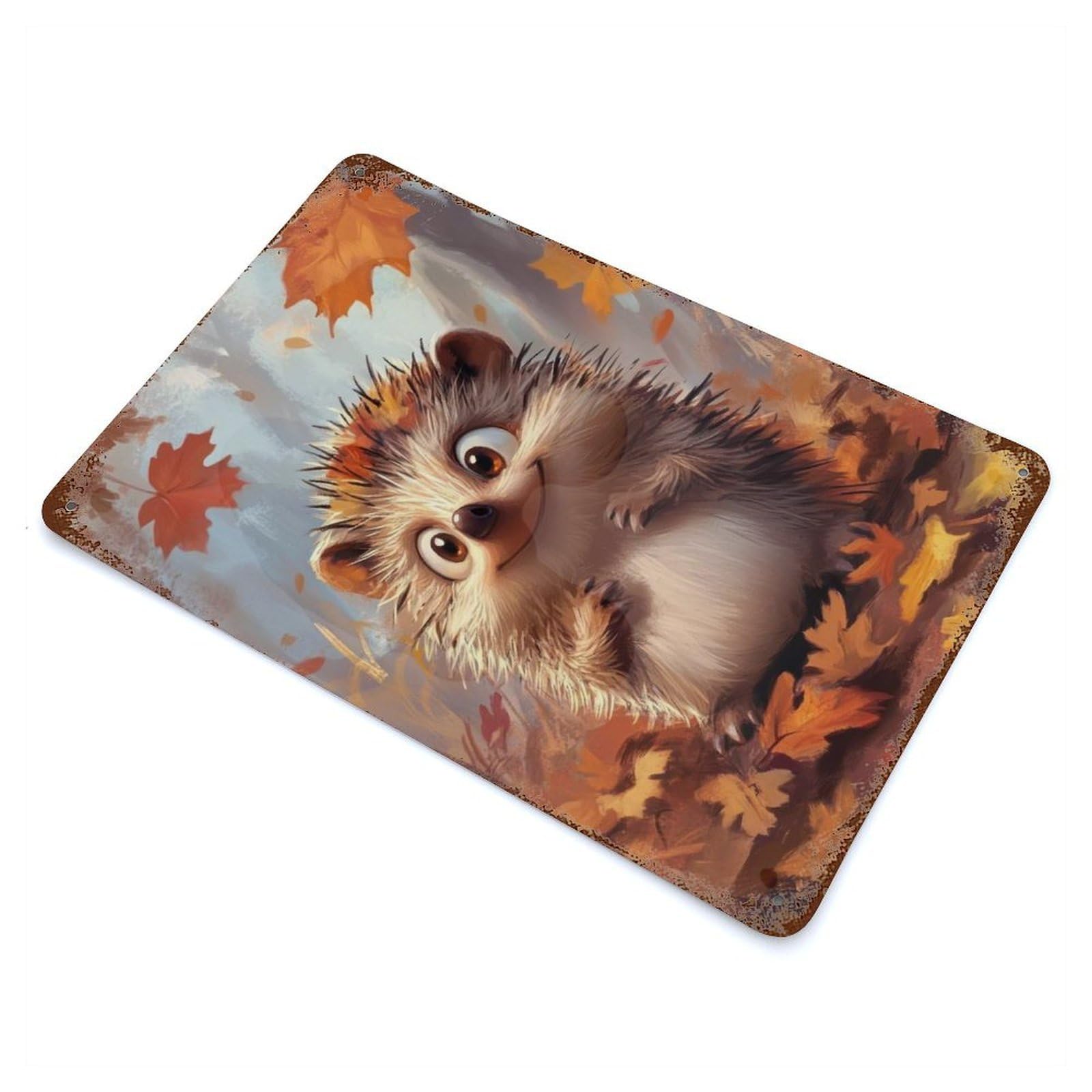 Cute Hedgehog in Autumn Rustic Tin Plaque 11.8"x7.9", for Living Room, Hallway And Home Decor, Decorative Metal Wall Art