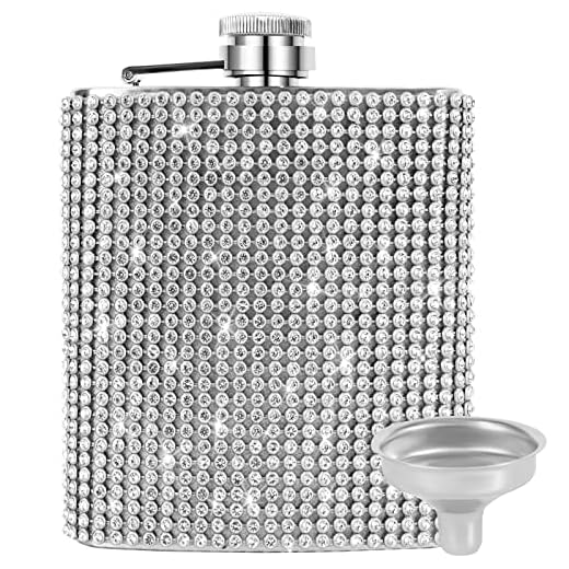 INSTOME Diamond Hip Flask,Flasks for Liquor for Women,8oz Bling Flasks for Liquor,Rhinestone Hip Flask Leakproof with Funnel,Leakproof Flask for Wine Whiskey Liquor Drinking (8oz, silver)