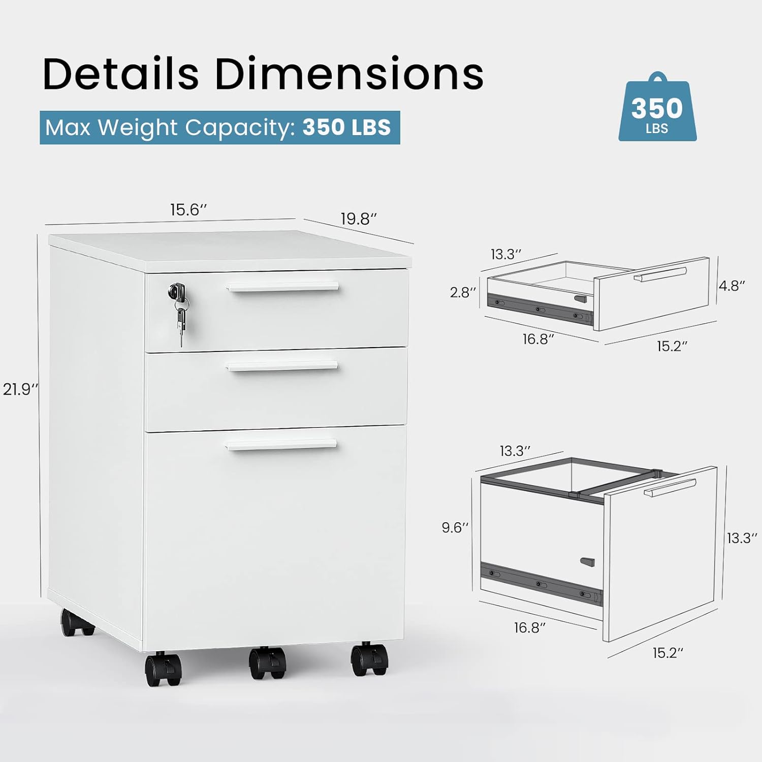 Farini 3 Drawer Mobile File Cabinet with Lock, Pre-Assembled Wood Pedestal Under Desk Corner Filing Cabinets for Home Office(White) : Office Products