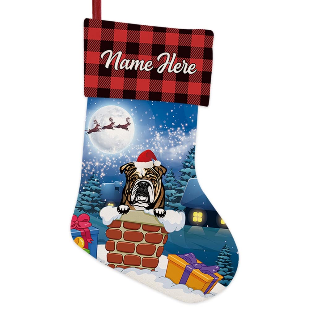 BAGEYOU 1 Pack Custom Name Christmas Stocking with Humorous Dog English Bulldog in the Chimney Santa Gifts Pack for Xmas Party Holiday Decoration Christmas Tree Fireplace Hanging 14.4"