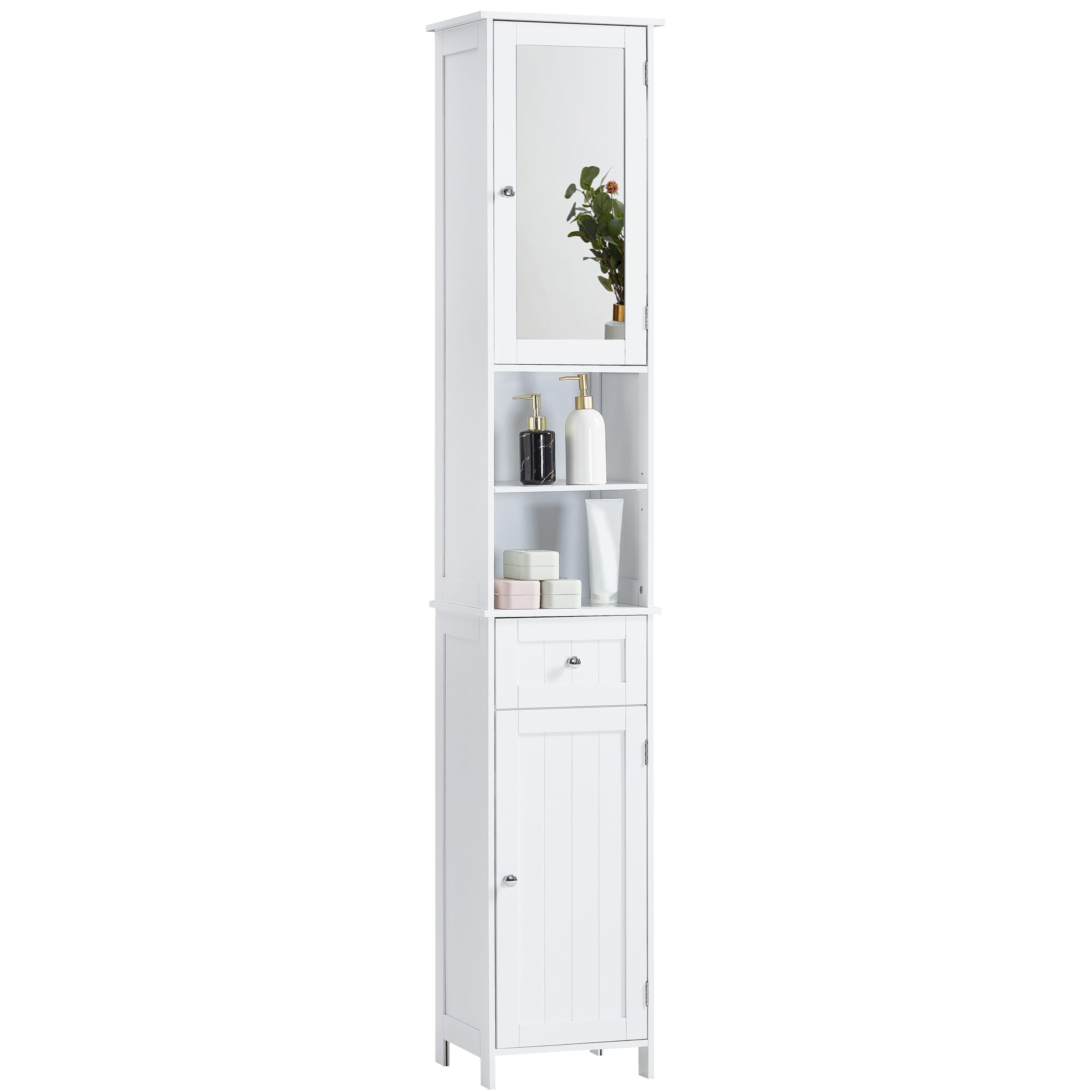 Bath Vida Priano Tall Mirrored Bathroom Cabinet Storage Cupboard Floor Standing Tallboy Unit, White