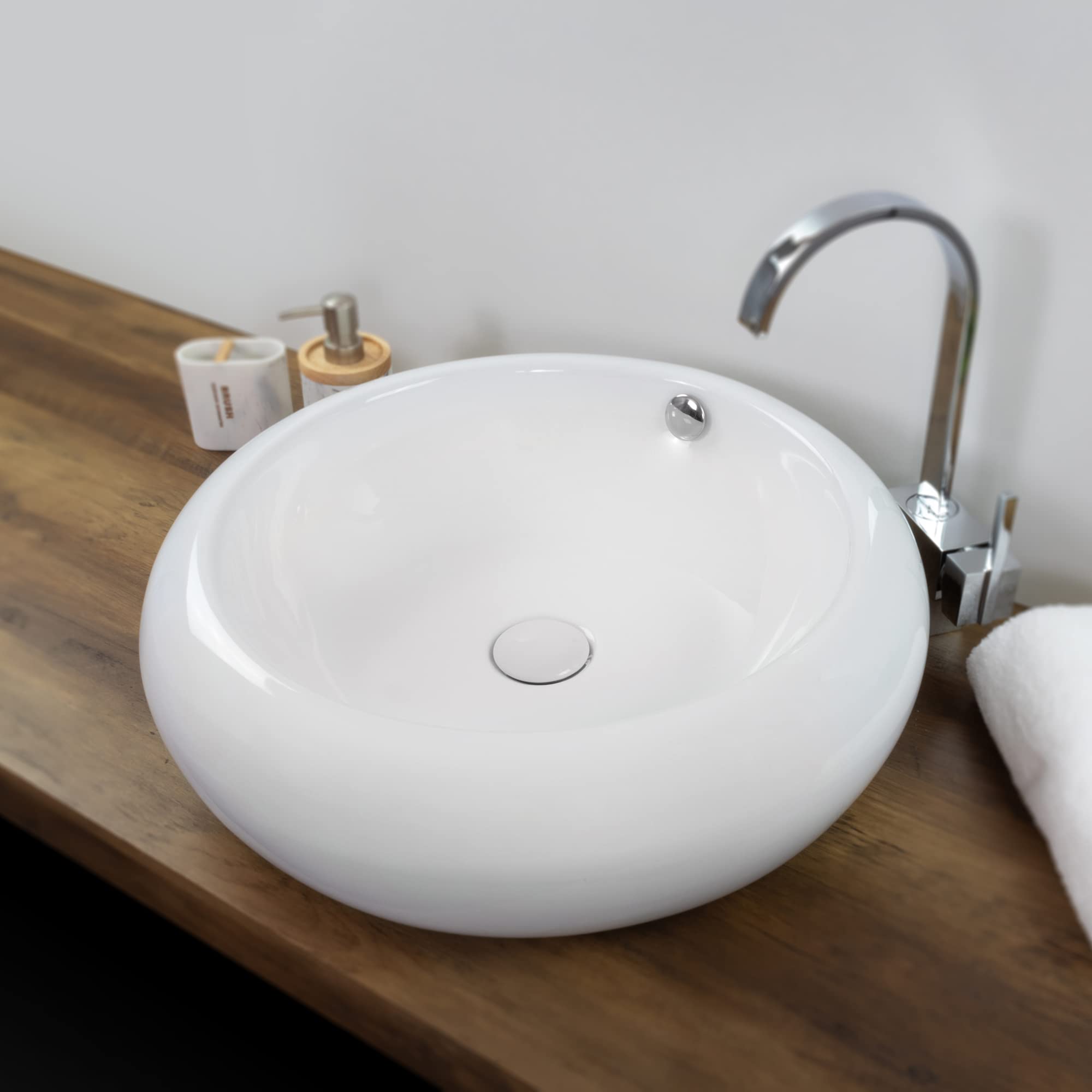 Lavabo sobre Encimera Redondo en Ceramica Brillante TENA | 50x50x16,5 cm | Incluye Tapon "Pop Up" con Valvula de Desague Click Clack | Sin Taladro Grifo | Color Blanco