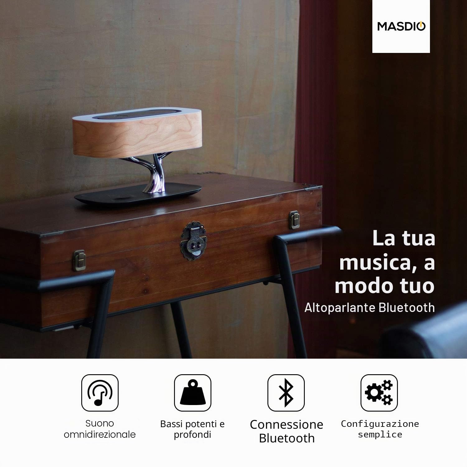 Masdio Lampada da Notte con Altoparlante Bluetooth e Caricatore Senza Fili, Modalità da Sonno a Regolazione Continua