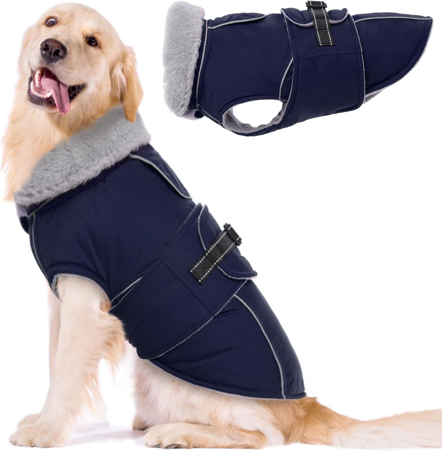 Lelepet Warm Dog Coat Waterproof Dog Jacket for Large Dogs Reflective Fleece Vest with Adjustable Buckle Hook & Loop Windproof Cold Weather Coats for Small Medium Large Dogs, Navy Blue, XL XL Navy Blue