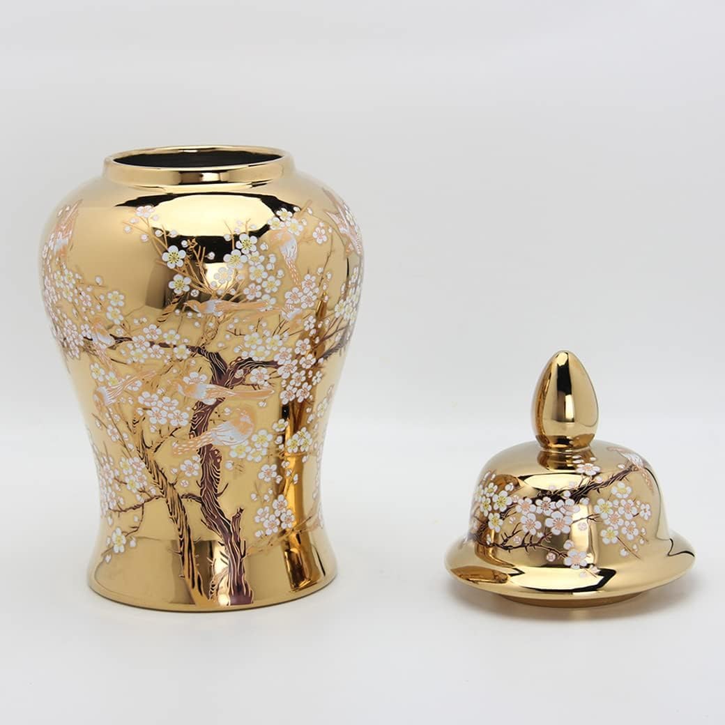 Wazon ceramiczny na imbir z pokrywką, duży, złoty, tradycyjny, porcelanowy, ręcznie malowany, dekoracyjny kwiat i ptak (dł.) (śr.)