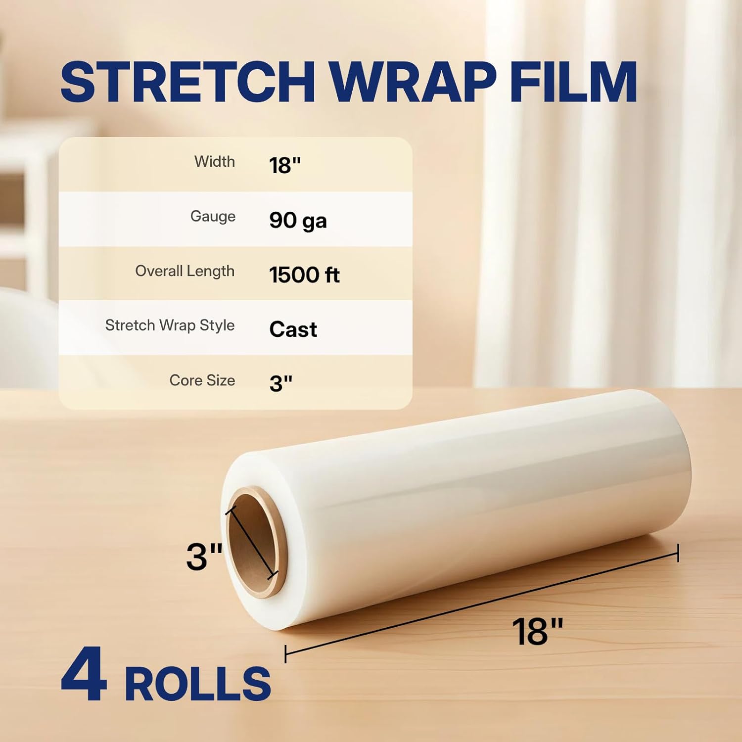 NorthSky Plastic Wrap Stretch Film - Industrial Strength up to 1000% Stretch 20 Microns Clear Durable Adhering Packing Moving Heavy Duty Shrink Film Box of 4 (90 Gauge, 18'' x 1500')