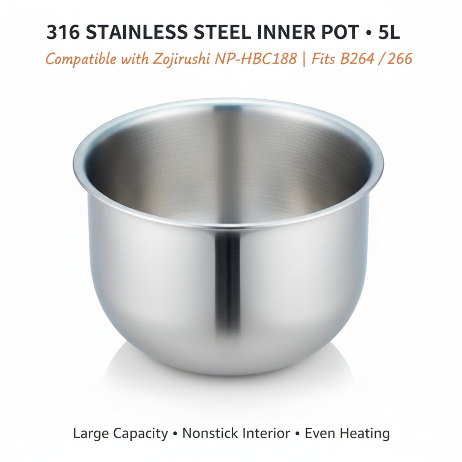Pot intérieur en acier inoxydable 316 de 5 L compatible avec Zojirushi NP-HBC18 | Bol de rechange pour cuiseur à riz B264/B266 | Insert inoxydable anti-adhésif durable pour un chauffage uniforme