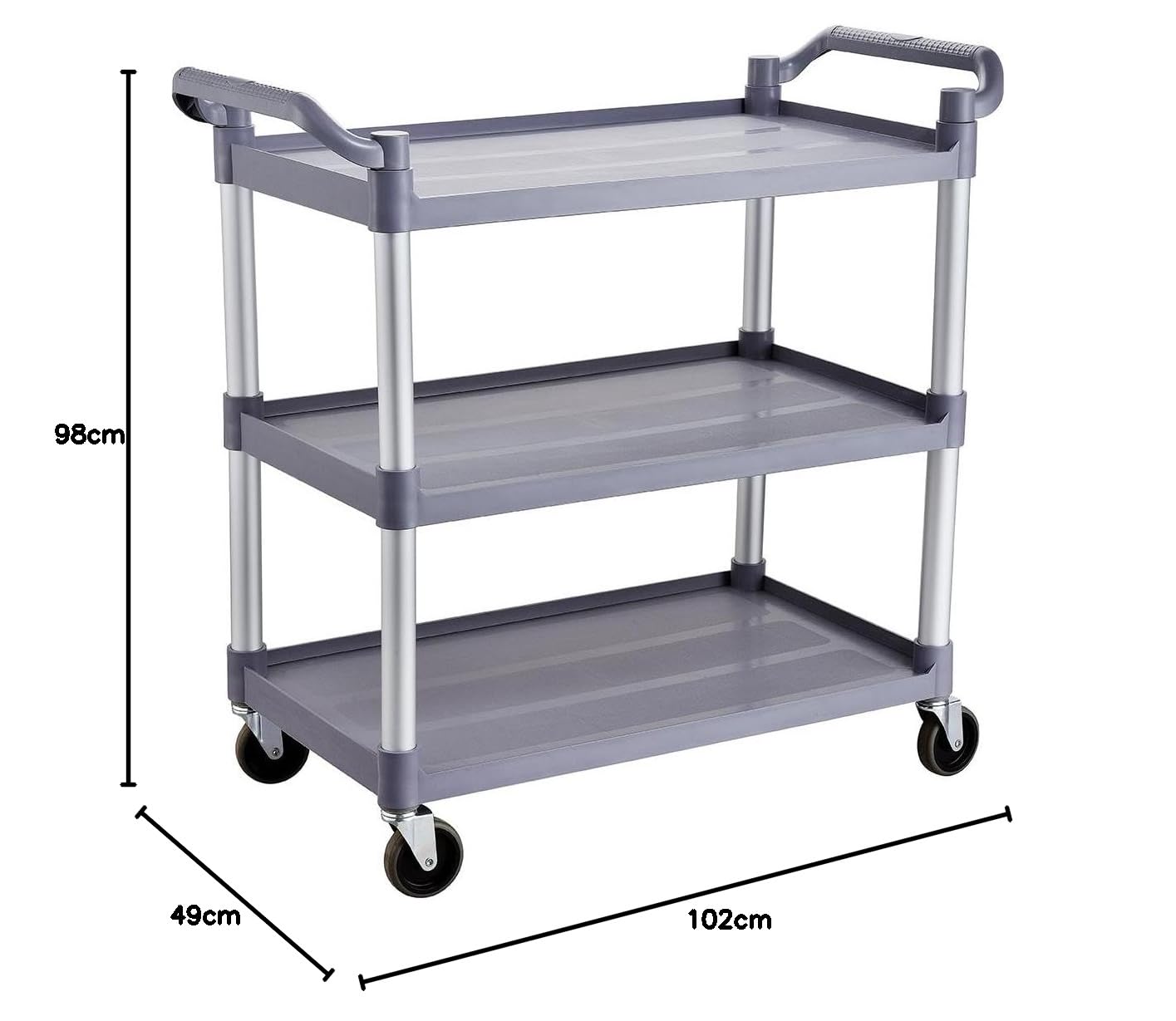 Servierwagen Kunststoff mit Rollen - 3 Böden - Tragfähigkeit 50 kg pro Boden - 102 x 49 x 98 cm - Transportwagen, Küchenwagen, Abräumwagen, Teewagen