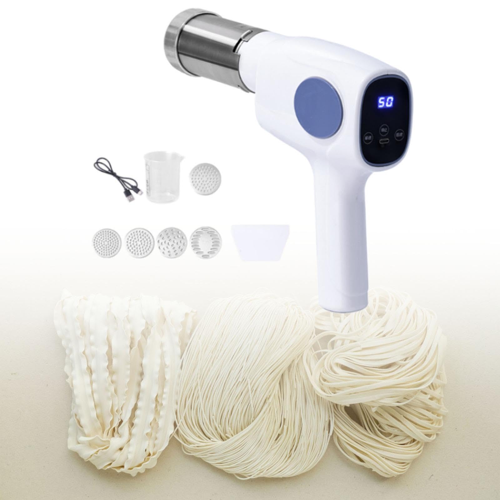 Máquina Eléctrica para Hacer Pasta Y Fideos, 5 Formas de Pasta, Carga USB, Portátil, para Lasaña Y Ramen, Blanco