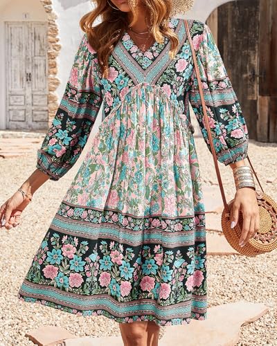 Image of BTFBM Women Casual Spring Summer Dresses V Neck 3 /4 Long Sleeve Ruffle Floral Flowy Boho Babydoll Mini Short Beach Dress