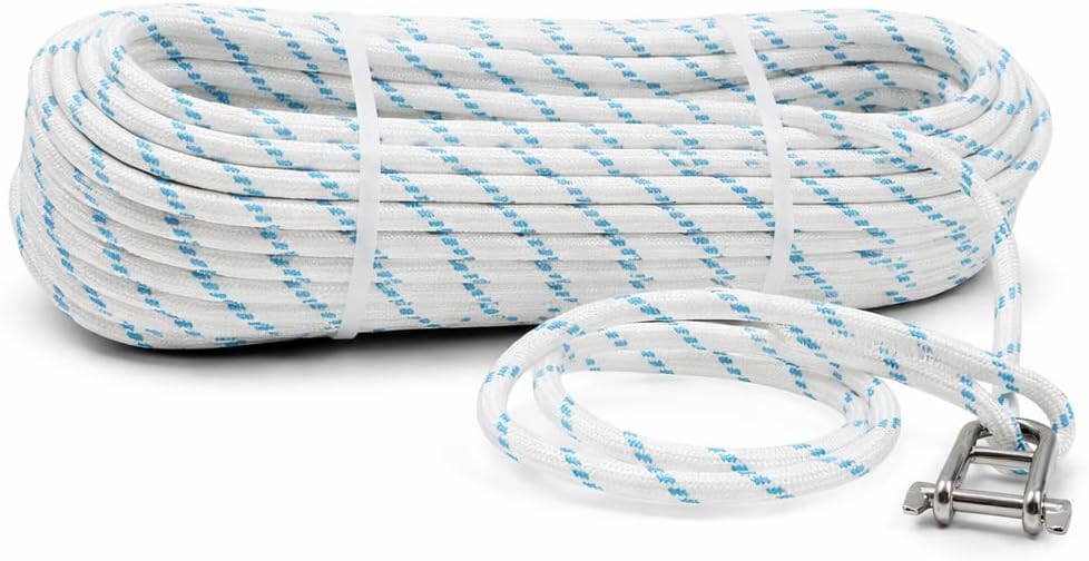 3/8" x 114FT (10mm x 35m) Low-Stretch Double Braided Nylon Halyard Rope, Marine Grade Sailboat & Yacht Line, Durable Sailing Control Rope with Eye Splice & Key Shackle