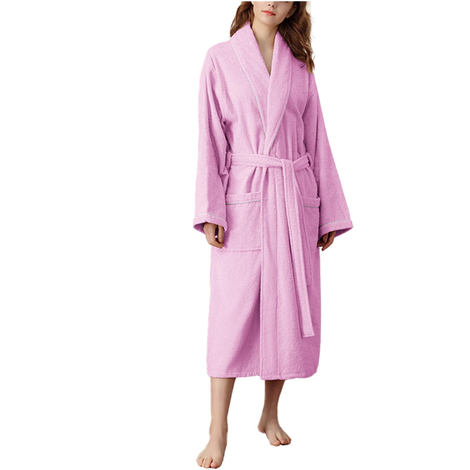 TIANQIHAO Terry Cotton Bathrobe For Men Long Spa Robe Soft Touch Women'S Robe Long Kimono,Pink-Large