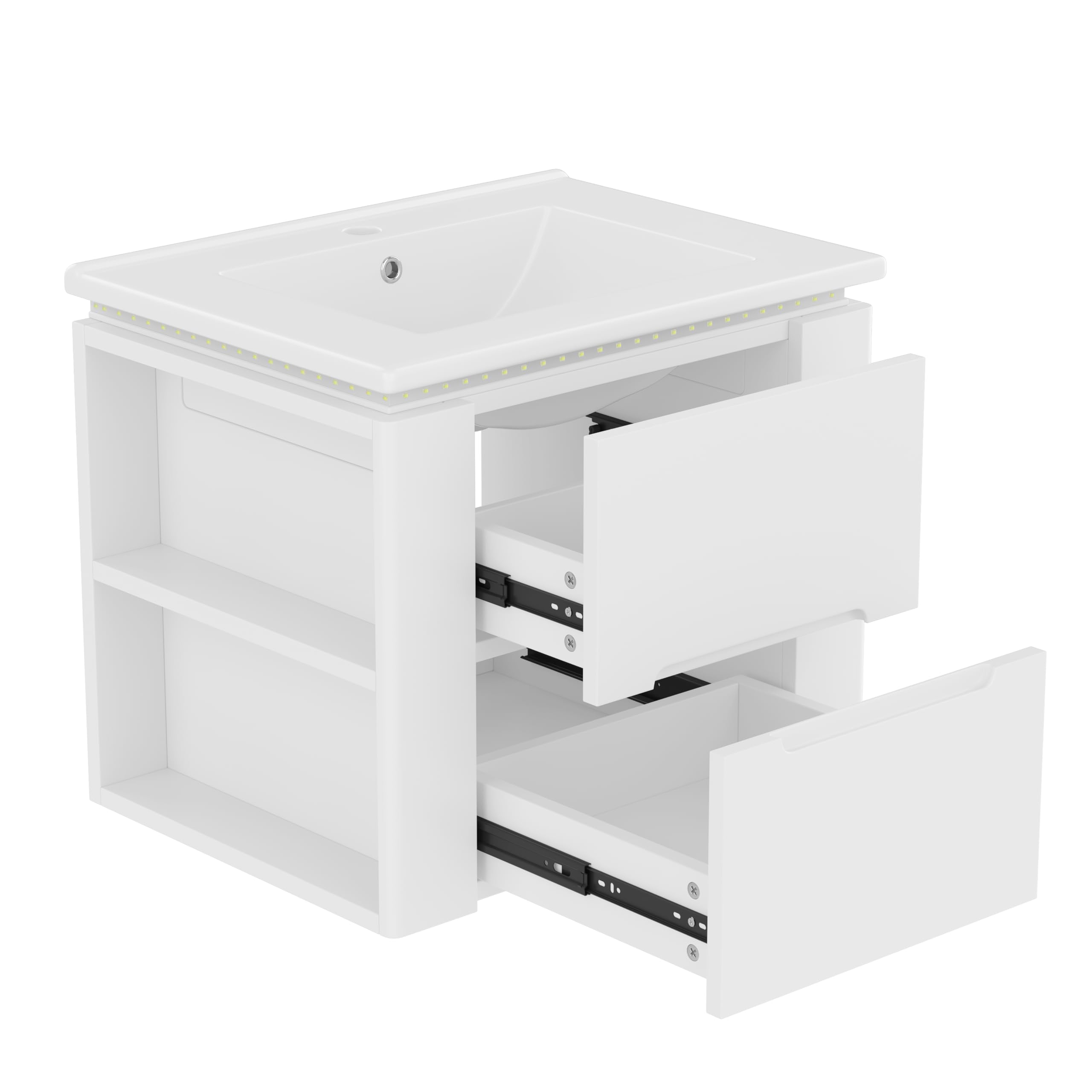 armadio da bagno sospeso a parete, 60 x 46 x 48,5 cm, illuminazione a LED con sensore radar, due cassetti, guide scorrevoli silenziose, lavabo integrato, bianco