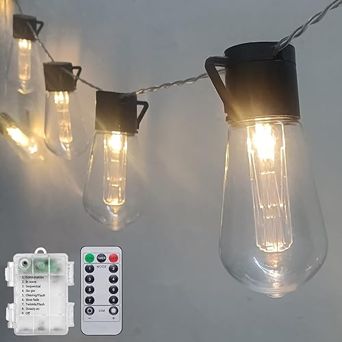 S14 LED Outdoor String Lights 6.7Ft 10 LED Edison String Lights with Remote Timer, Battery Operated Waterproof Outside Patio Lights String for Porch Deck Camping Garden Backyard Balcony Patio Decor
