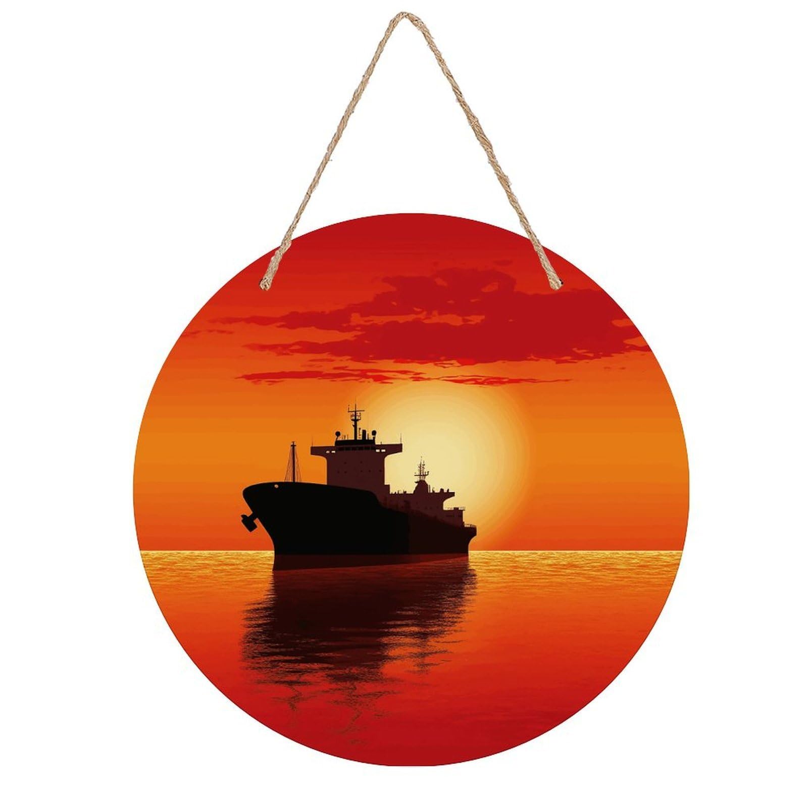 Adfgyerh Style Silhouette Of The Tanker Ship On Red Sunrise Room Decor，Round Wooden Board Painting，Wall Art，Easy To Hang，Wall Decor ，Suitable For Homes, Offices, Holidays, Bars, Cafes, And Other Venues.
