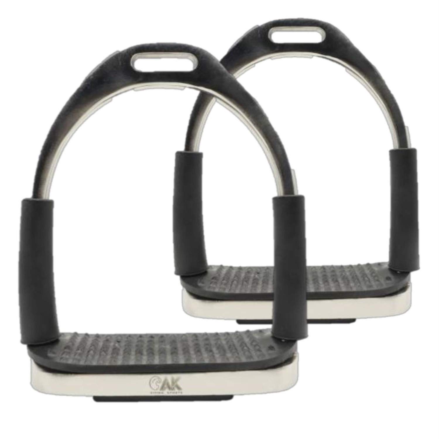 AK Flexi plegable de acero inoxidable para montar a caballo, estribos ecuestres con banda de rodadura negra (4 pulgadas, plata)